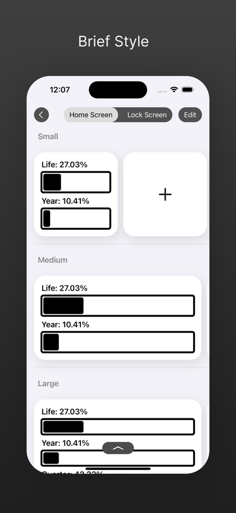 Minimalist brief style widget layouts showing life and year progress bars in various sizes.