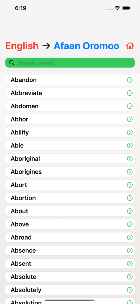 Afan Oromo English Dictionary - English to Afan Oromo dictionary interface showing an alphabetical word list