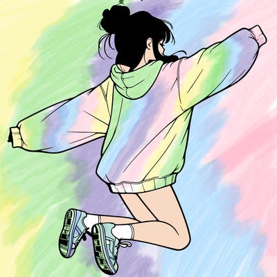 realistic girl jumping with a bun and oversized sweatshirt