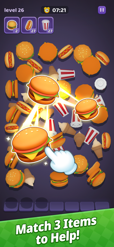 A gameplay screen from Match Family Triple Match 3D showing a player matching three 3D burgers among various food items.
