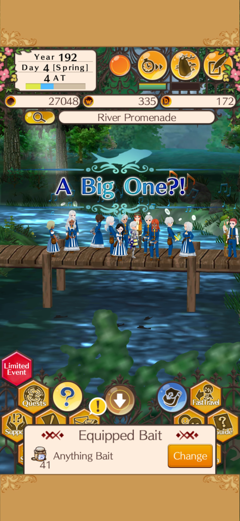 WorldNeverland - Elnea Kingdom - Charaktere, die sich für ein Angler-Event auf einem Holzsteg in WorldNeverland Elnea Kingdom versammelt haben.