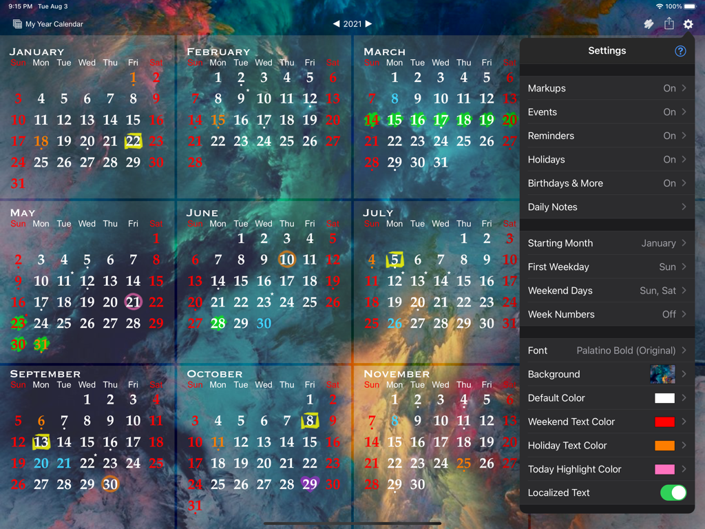 All-in-One Year Calendar Pro - Interface of the All-in-One Year Calendar Pro app on iPad showing a full year view with a customization settings menu.