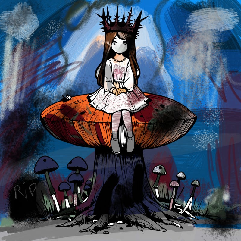 realistic girl sitting on a huge tree stump size toadstool with thorn crown
