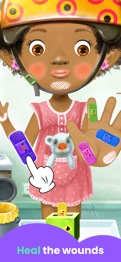 A child character with colorful patterned bandages on her arm and hand in a medical role-play game