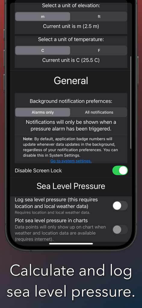 Barograph: Barometer Graph - Barograph-App-Einstellungsbildschirm mit Optionen für Höhenmaßeinheiten und Protokollierung des Luftdrucks auf Meereshöhe