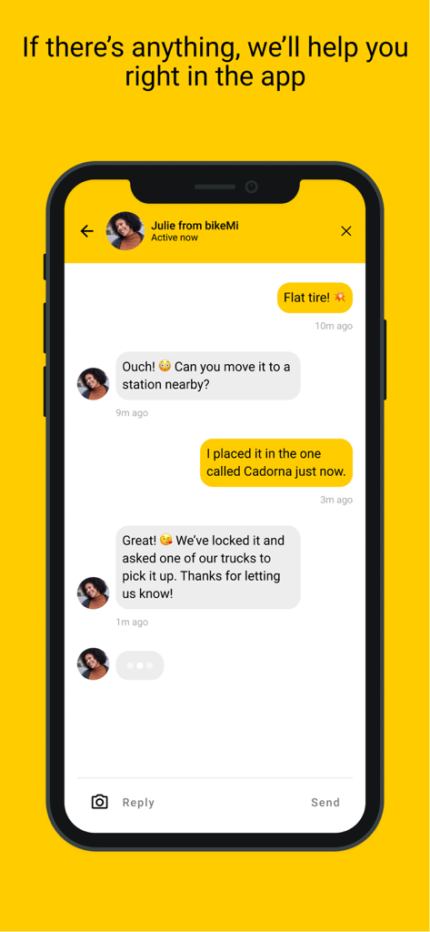 bikeMi - Interfaz de chat de soporte al cliente dentro de la aplicación bikeMi mostrando una conversación con un asistente