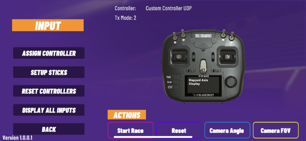 VelociDrone mobile app input settings screen showing a TBS Mambo drone controller configuration