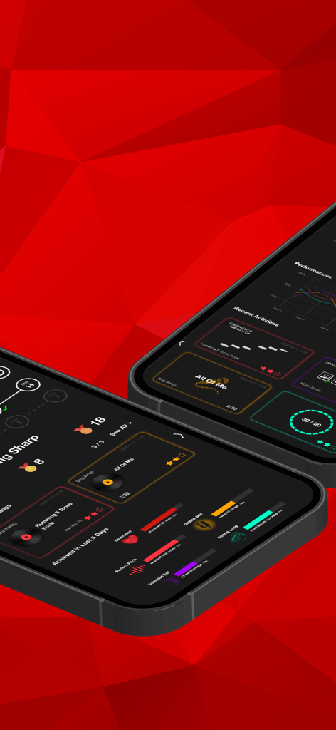 Painel do aplicativo Sing Sharp mostrando gráficos de performance de canto e progresso de exercícios vocais em telas de celular