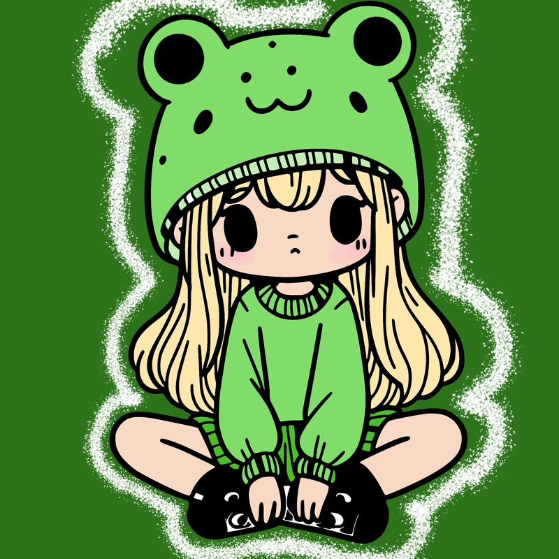 a girl wearing a frog hat and some frog socks
