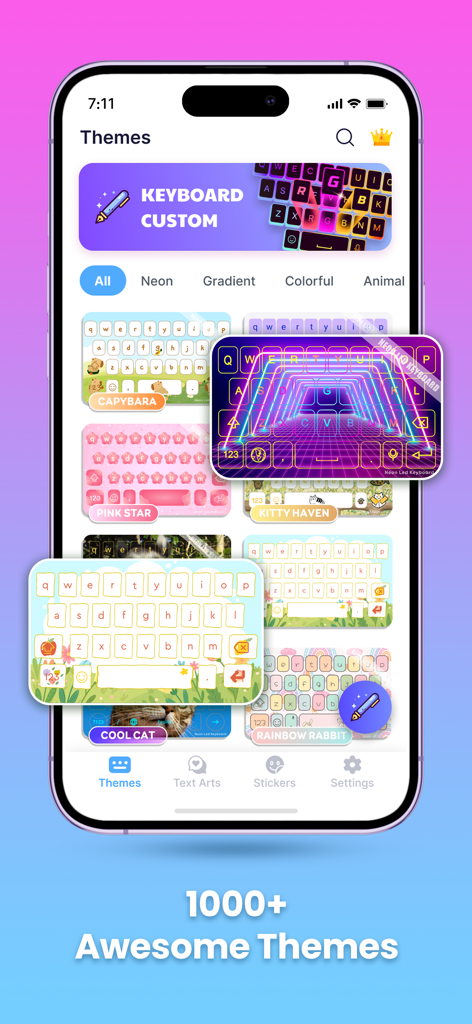 Neon LED Keyboard: Cute Themes - モバイルアプリのインターフェースに表示された、カラフルでネオンカラーのキーボードテーマのギャラリー。