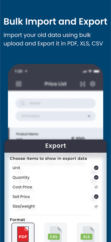 Mobile app screen showing options to export price list data into PDF CSV and XLS formats