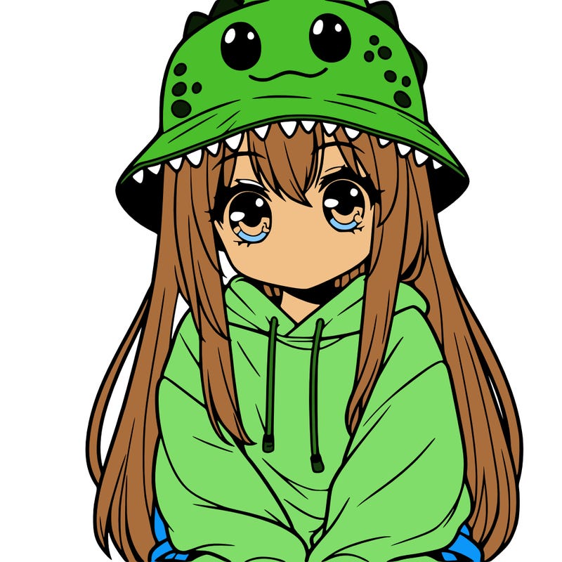 girl with anime shaped eyes with a dinosaur bucket hat oversized sweatshirt long straight hair