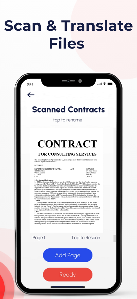 PDF Translate Pro - Interfaccia dell'app mobile che mostra un contratto commerciale scansionato pronto per la traduzione.