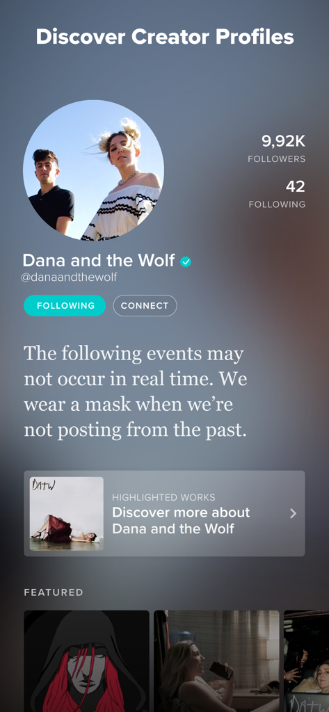 VERO - A creator profile on the VERO app for Dana and the Wolf showing follower counts and featured content