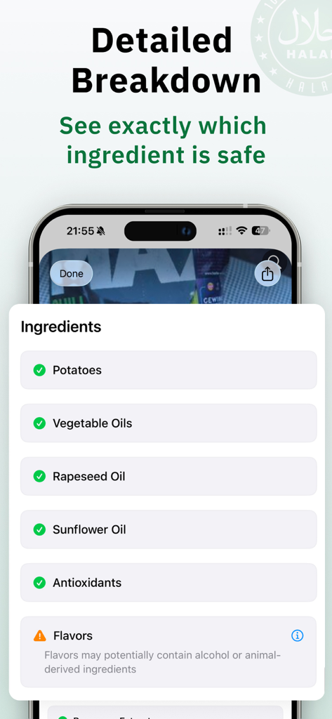 Halal Scanner - HalalScan AI - Halal Scanner app screen displaying a detailed breakdown of food ingredients with safety status icons.
