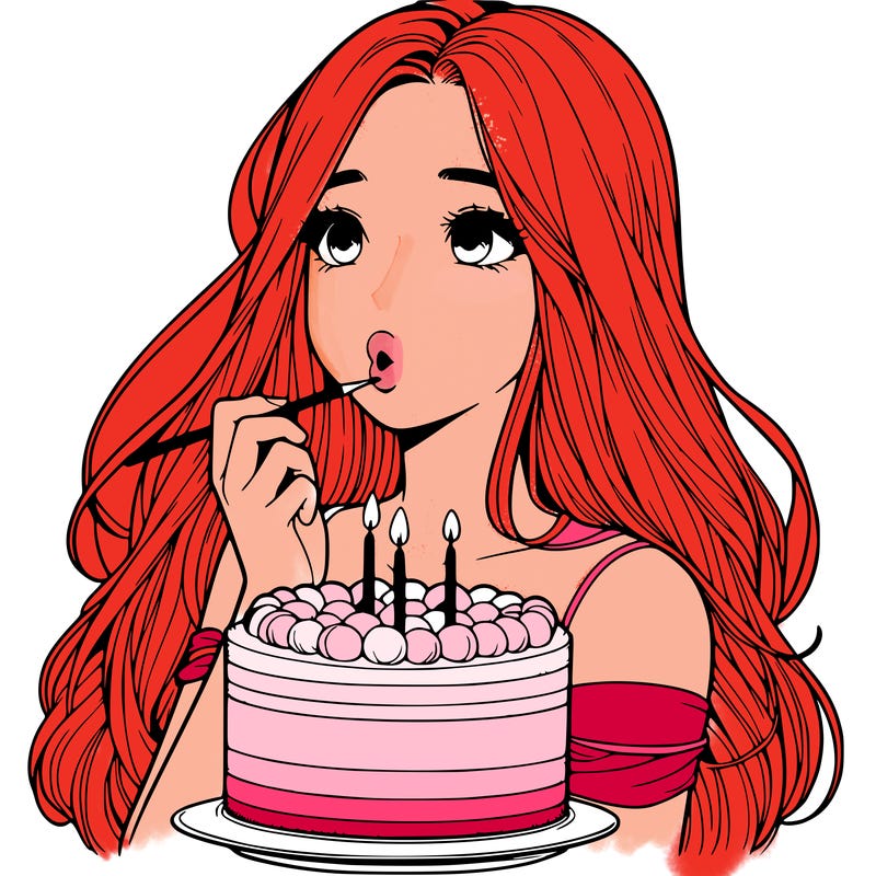 realistic girl with her hair down blowing out her birthday cake