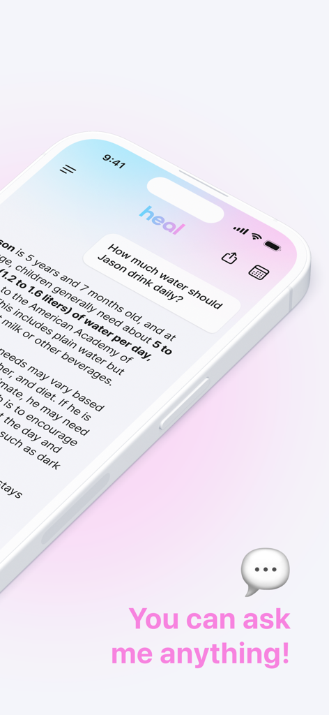 Heal: Family Health - Interfaz de chat de la aplicación Heal mostrando un asistente IA brindando asesoramiento sobre la ingesta diaria de agua de un niño.