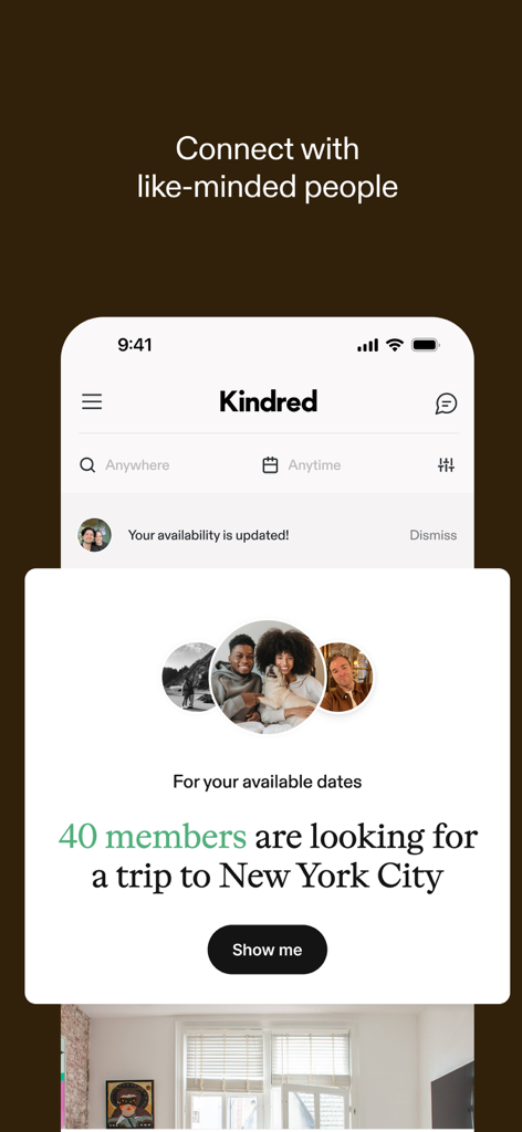 Kindred Home Swapping - Kindred app interface showing members interested in a trip to New York City under the title Connect with like-minded people