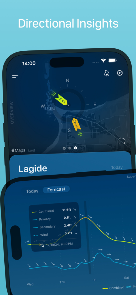 Interfaccia dell'app EPIC Surf Report che mostra una mappa con dati direzionali e grafici di previsione delle onde