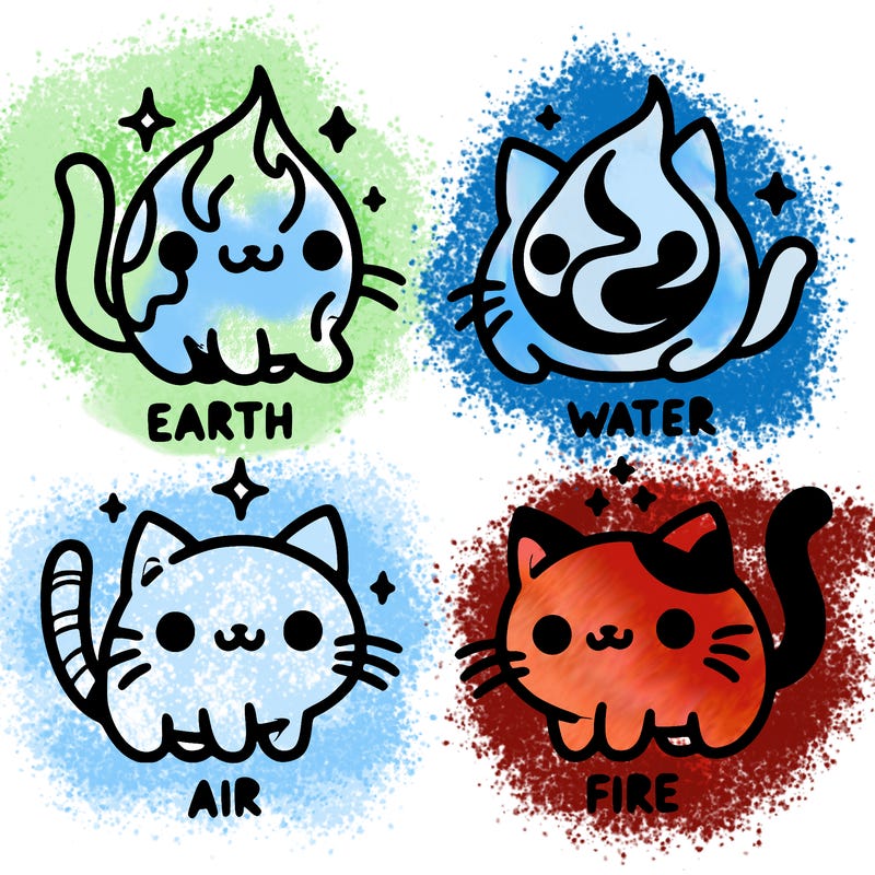 4 cats that represent the different elements, earth, water, air, and fire
