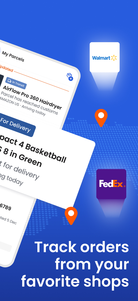 Parcel Monitor Track - App interface showing delivery status for Amazon and Walmart orders with FedEx tracking