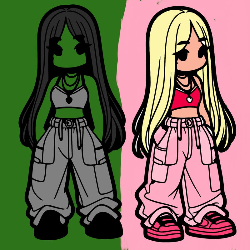 girl in baggy pants crop top and long hair