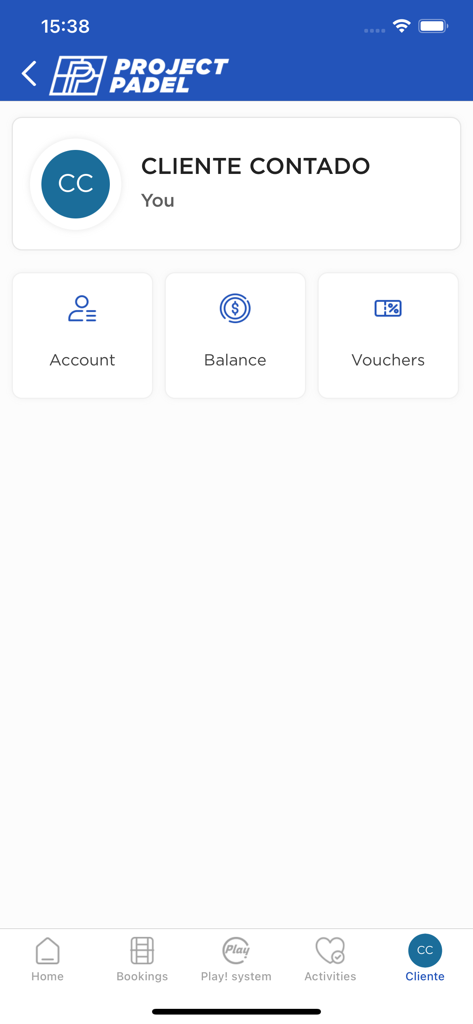 Tableau de bord du compte utilisateur et du profil dans l'application mobile Project Padel Jo