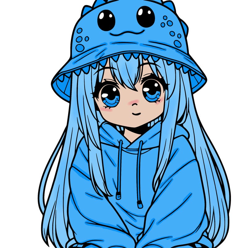 girl with anime shaped eyes with a dinosaur bucket hat oversized sweatshirt long straight hair