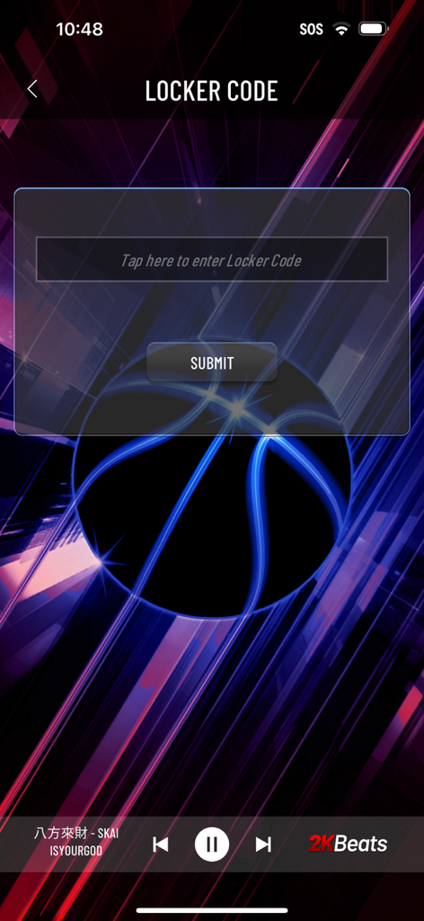 MyNBA2K companion app locker code entry screen with basketball graphic background