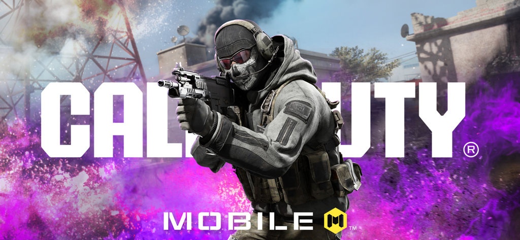 Ghost character from Call of Duty Mobile holding a weapon with purple smoke effects and warzone background