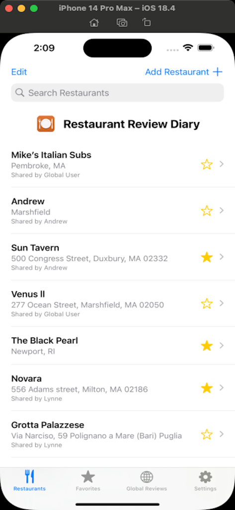 Restaurant Review Diary - A list of restaurants with locations and star ratings in the Restaurant Review Diary app