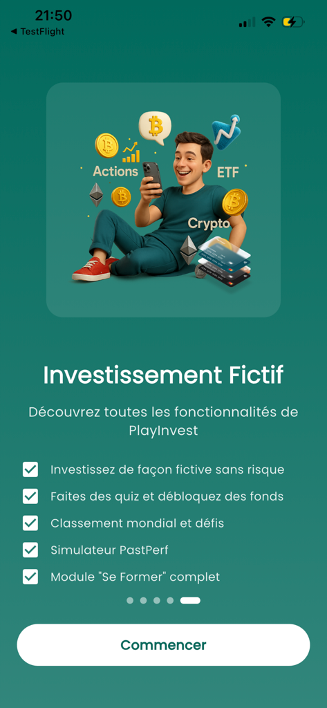 PlayInvest.HD - PlayInvest.HD app introduction screen featuring a young man with investment icons and a list of risk free stock market simulation features