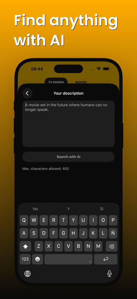 Sofa Timeアプリのインターフェース。自然言語の説明を使用して映画を発見するためのAI検索機能が表示されています。