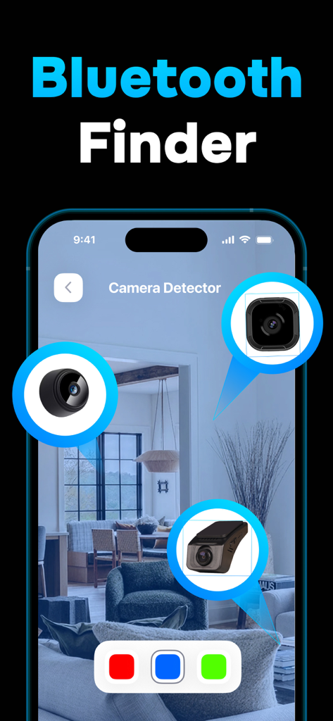 SpySense app interface showing hidden camera detection in a living room using bluetooth signals