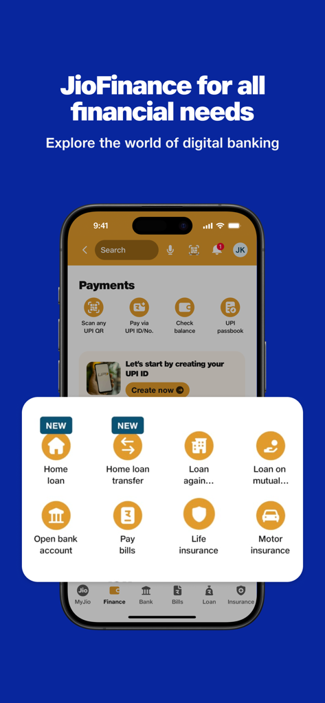 Interface of MyJio app showing JioFinance digital banking services including UPI payments, home loans, and insurance options