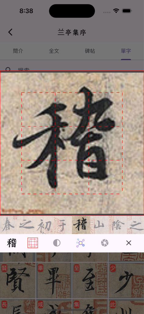 Detailed view of a Chinese calligraphy character with a red reference grid in the Shujia Xiaochao app