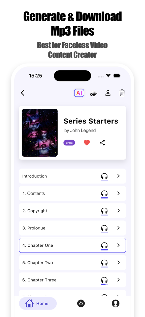 aiReader: AI Text to Speech - aiReader app interface showing book chapters with options to generate and download MP3 audio files