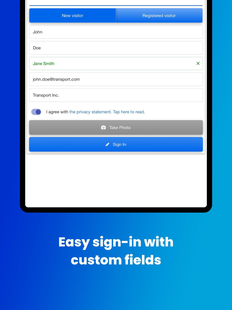 Un formulario de registro de visitantes digital en la aplicación Vizito para iPad con campos de registro personalizados y una opción de captura de fotos