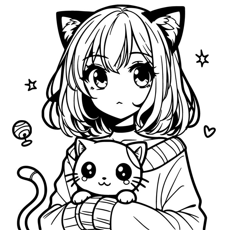 manga girl with cat ears and holding a cat
