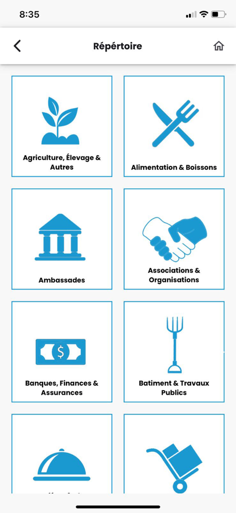 Écran du répertoire d'entreprises de l'application MonCongo montrant des icônes pour divers secteurs d'activité, notamment l'agriculture, la finance et les ambassades