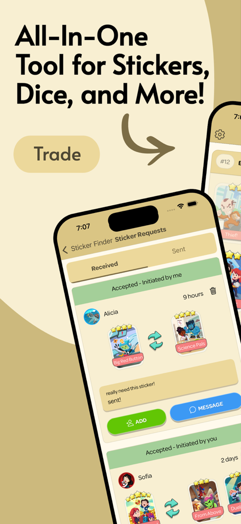 MOGO Wiki Tools - A mobile app screen showing the Sticker Finder feature in MOGO Wiki Tools for trading Monopoly GO stickers.