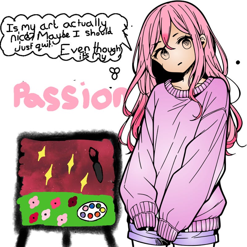 manga teen girl  in a sweater and baggy pants