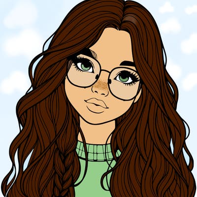 girl with long hair and freckles and glasses realistic