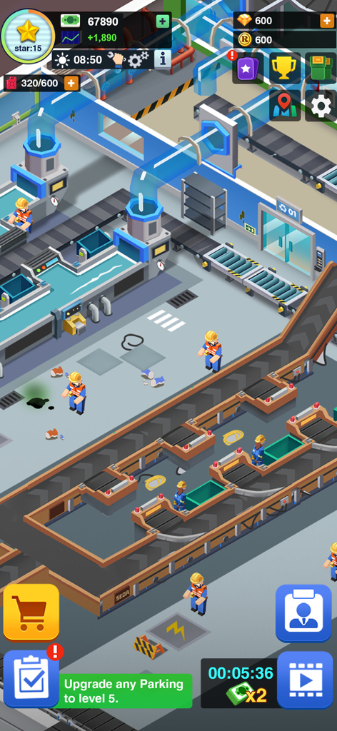 Garbage Tycoon - Idle Game - Vista isométrica de una fábrica de reciclaje concurrida con cintas transportadoras y trabajadores en el juego móvil Garbage Tycoon.