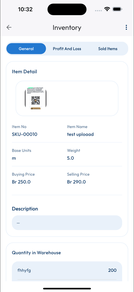 Nexa Tracker - Inventory item detail screen in the Nexa Tracker app showing SKU, product weight, and price tracking