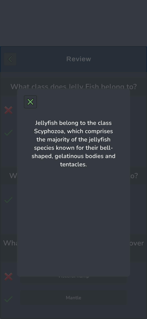 Zoology Knowledge Quiz - Tela de revisão no aplicativo Quiz de Conhecimentos de Zoologia mostrando uma explicação científica detalhada para a classificação de águas-vivas