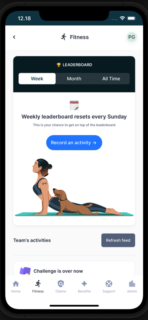Nova Benefits fitness dashboard showing a leaderboard for weekly activities and a record activity button