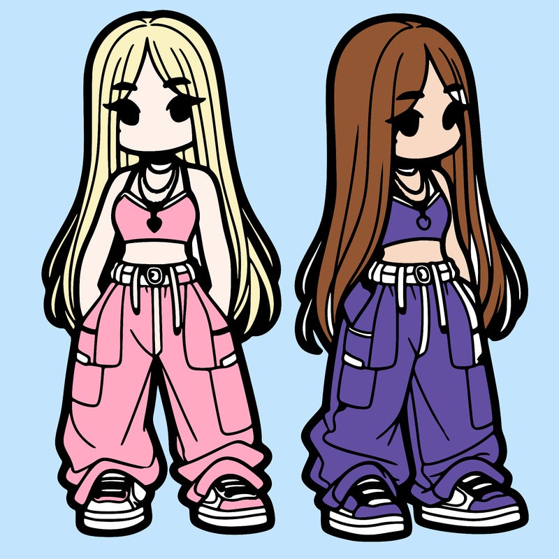 girl in baggy pants crop top and long hair