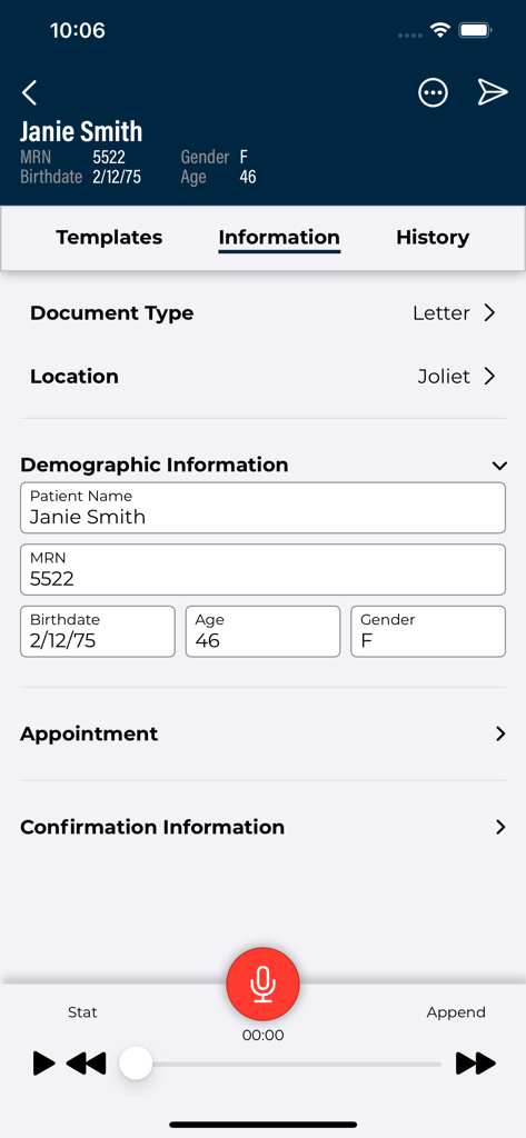 Patient demographic information and dictation controls interface within the eScription One medical app.