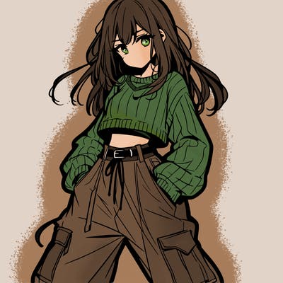 anime teen girl with baggy pants and crop top with sweater